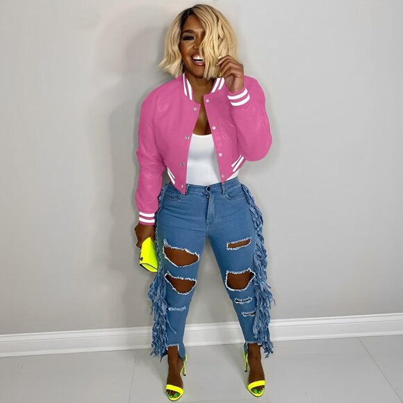 Women's Varsity Jacket Long Sleeve Button Down Bomber Jacket Streetwear Rose Red - Picture 2 of 5